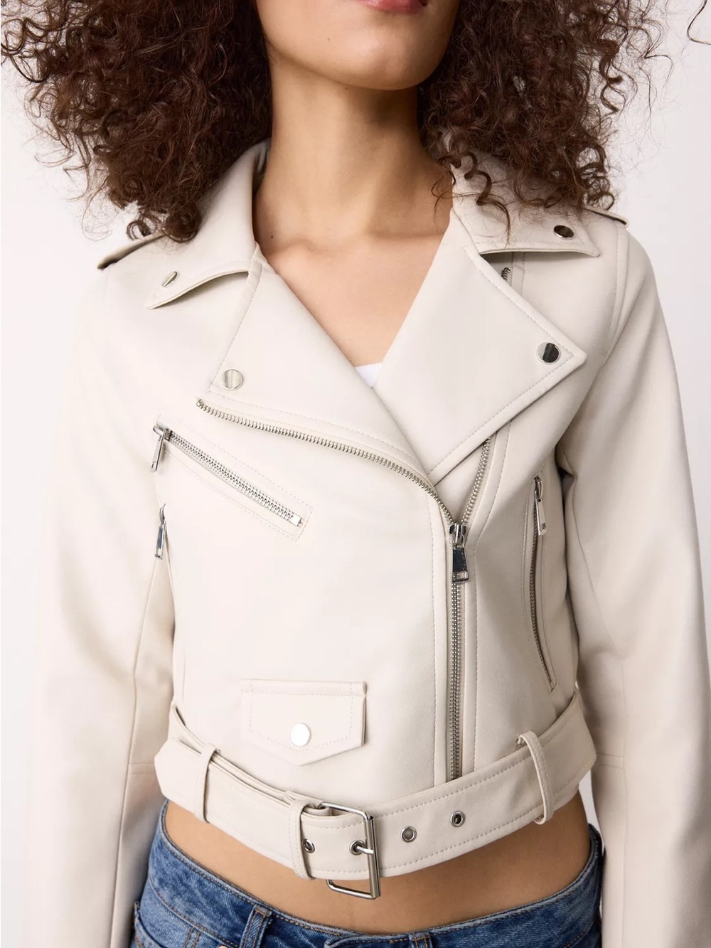 ZARA Moto Faux Leather Biker Creme Jacket With Belt Large